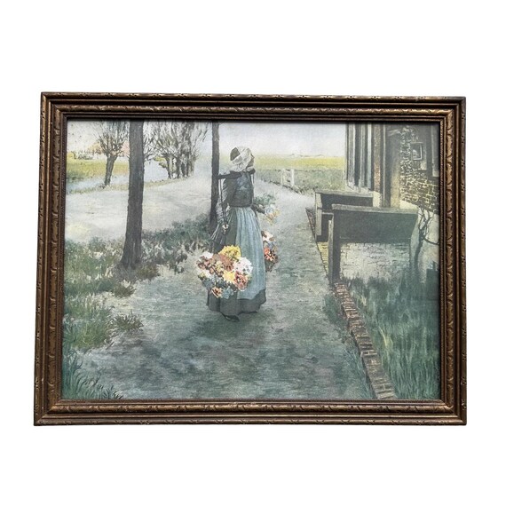 Vintage George Hitchcock Lithograph: Flower Girl in Holland, Framed Art Print