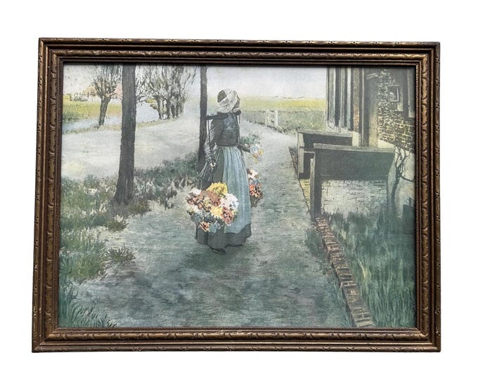 Vintage George Hitchcock Lithograph: Flower Girl in Holland, Framed Art Print