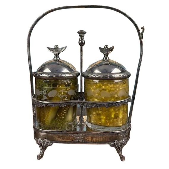 Antique Silver-Plated Double Pickle Castor | Victorian Cruet Set with Bird Finials & Cut Glass