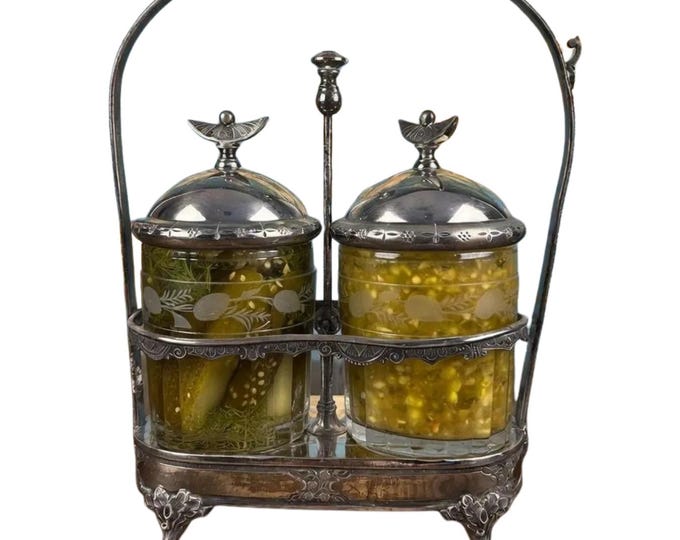 Antique Silver-Plated Double Pickle Castor | Victorian Cruet Set with Bird Finials & Cut Glass