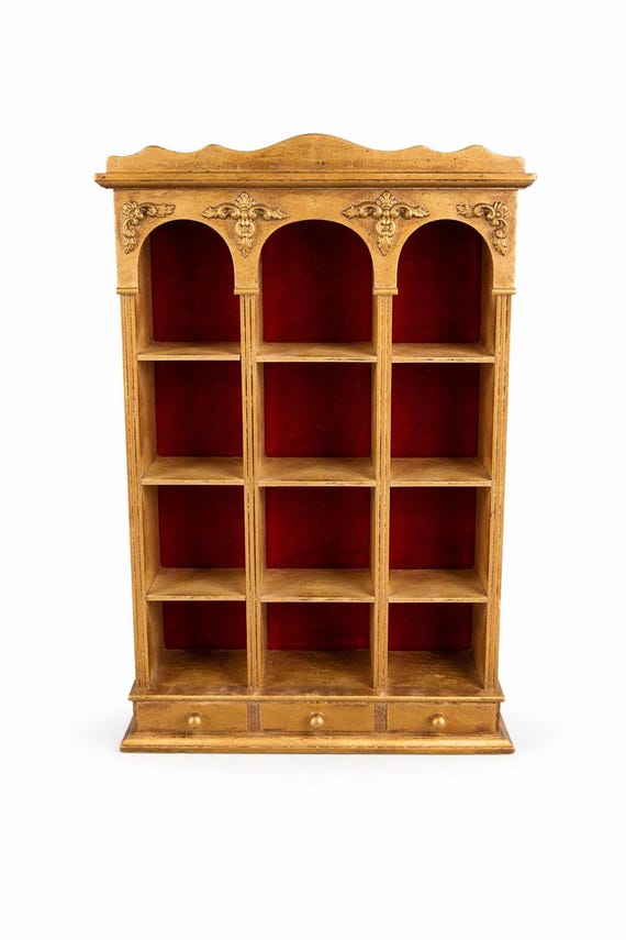 Vintage Gilded Italian Baroque Curio Shelf with Red Velvet Display Compartments