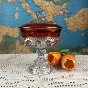 60s Tiffin-Franciscan Vintage Ruby Red Thumbprint Kings Crown Glass Covered Candy Dish Compote