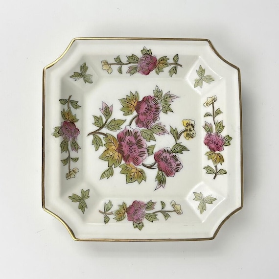 Vintage Andrea by Sadek Square Plate – Hand-Painted Floral Dish with Gold Trim