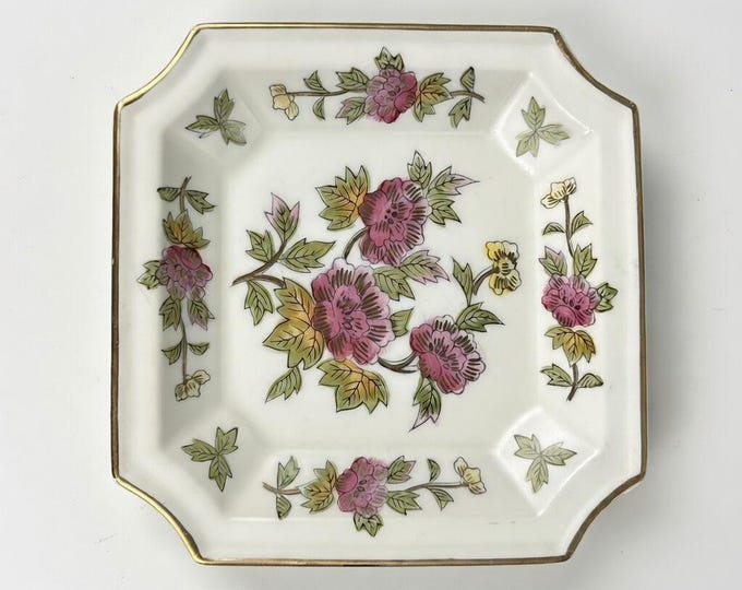Vintage Andrea by Sadek Square Plate – Hand-Painted Floral Dish with Gold Trim