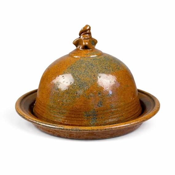 Vintage Studio Pottery Stoneware Butter Dish with Domed Lid | Brown Handmade Round Kitchen Crock | Rustic Farmhouse Decor