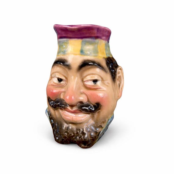 Antique Sarreguemines Majolica Character Jug, Hand Painted Mustache Man Pitcher