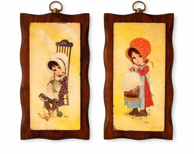 Vintage Big Eye Bonnet Girls Lithograph Prints – APCO Wood Plaque Pair