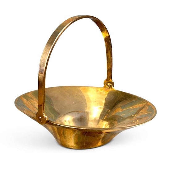 Vintage Solid Brass Basket | Hinged Handle Candy Trinket Dish