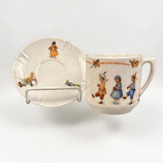 RARE Antique Child's Cup and Plate with Children and Animals Playing Illustration