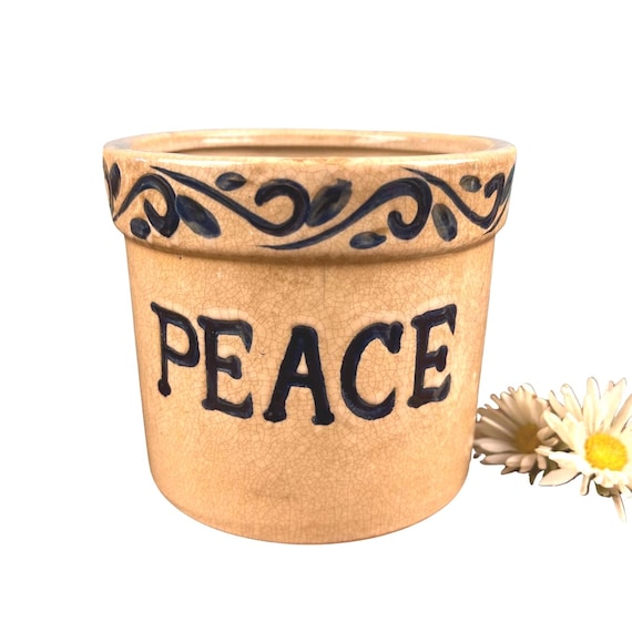 Vintage Stoneware “PEACE” Crock | Blue & Beige Pottery | Hand-Painted Folk Style