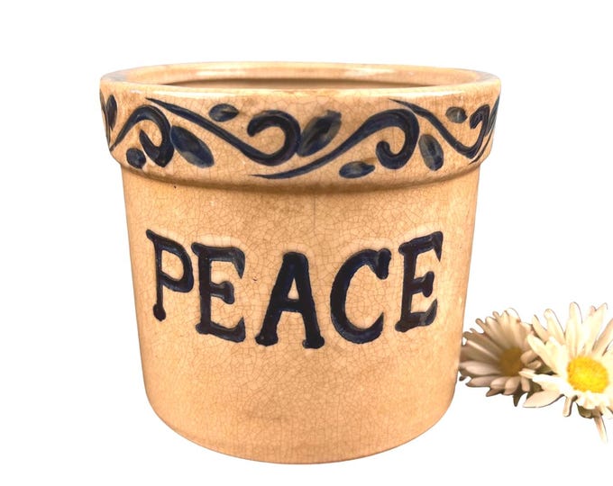 Vintage Stoneware “PEACE” Crock | Blue & Beige Pottery | Hand-Painted Folk Style