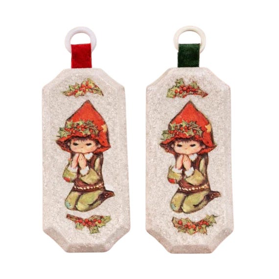 Handcrafted Elf Glittered Ornaments on Ceramic Set of 2
