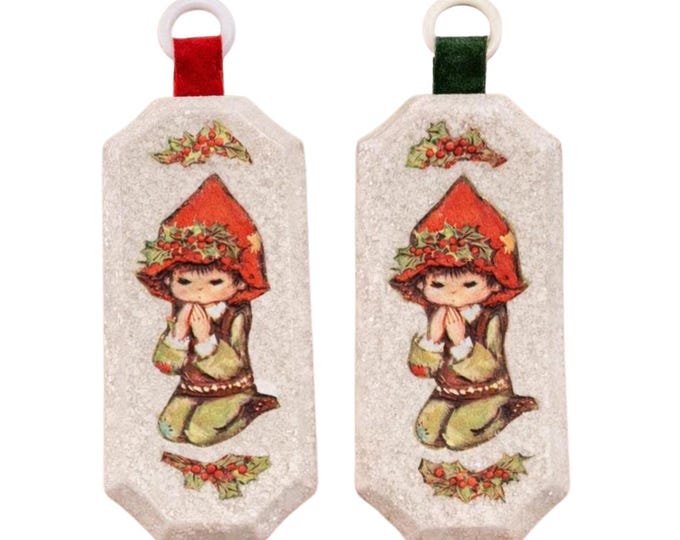 Handcrafted Elf Glittered Ornaments on Ceramic Set of 2