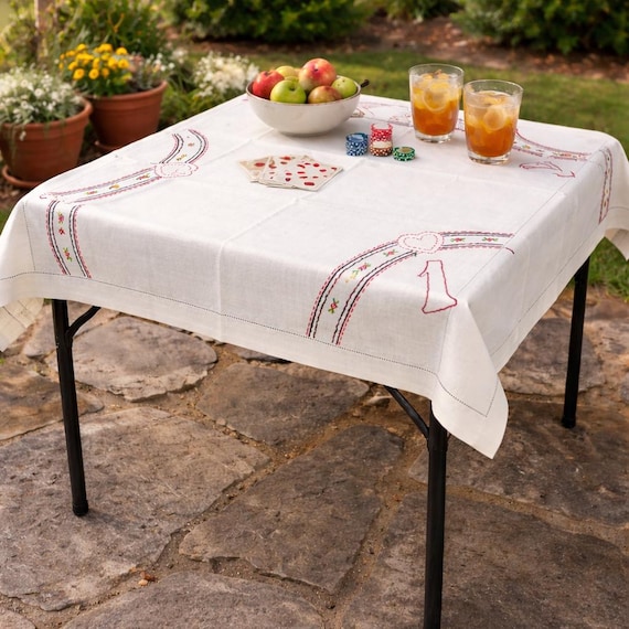 Vintage Hand Embroidered Card Tablecloth: Linen Bridge Party Decor