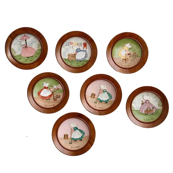 Vintage 1968 Days of the Week Collector Plates - Hand Painted Children Decor