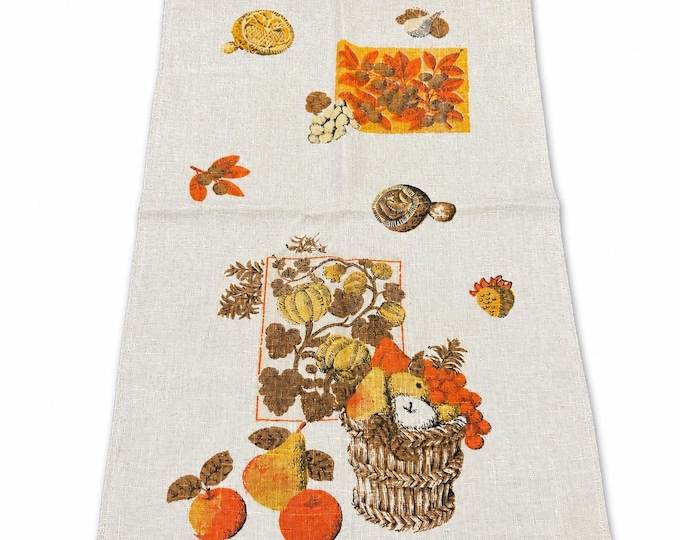 Vintage Fall Harvest Linen Tea Towel: Mid-Century Pumpkins, Pears, Autumn Decor