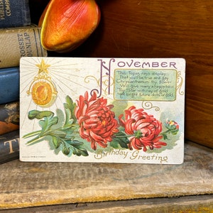 Antique 1911 November Birthday Greetings Embossed Postcard Vintage Ephemera Red and Green Floral