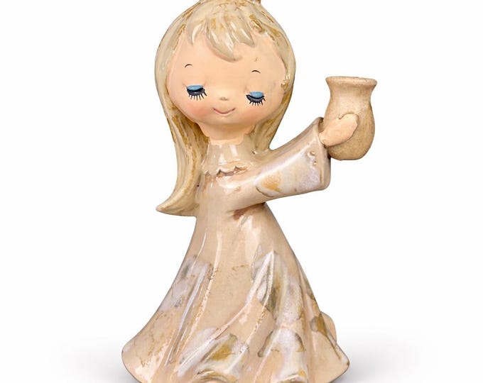 Vintage Schmid Bros Angel Figurine Candle Holder Vase – Iridescent Ceramic Japan Mid Century Decor