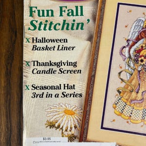 May include: Two framed cross-stitch patterns. One features the text "Fun Fall Stitchin'" with project ideas like a Halloween basket liner, Thanksgiving candle screen, and seasonal hat. The other is a framed angel.