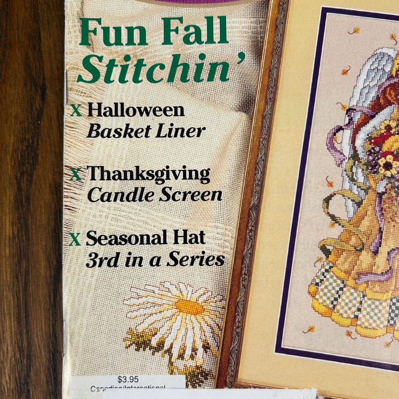 May include: Two framed cross-stitch patterns. One features the text "Fun Fall Stitchin'" with project ideas like a Halloween basket liner, Thanksgiving candle screen, and seasonal hat. The other is a framed angel.