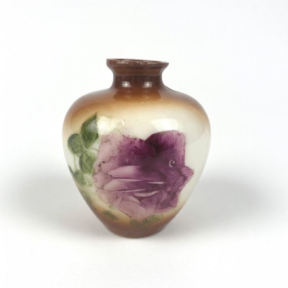 Antique Fostoria Milk Glass Bud Vase – Hand-Painted Purple Rose Satin Glass (4.5")