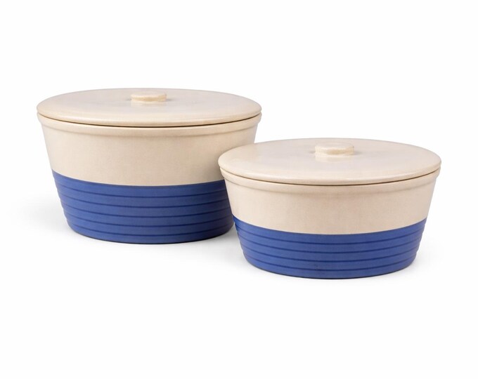 Vintage Universal Potteries Ringware Lidded Bowl – 1940s Blue Beige Stoneware Refrigerator Dish