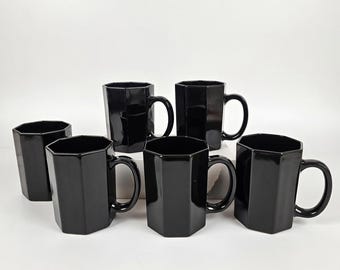 Vintage 80s Black Octagonal Coffee/Tea Mugs Octime - Arcoroc - France - Set of 6