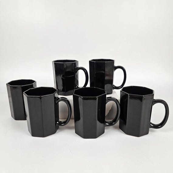 Vintage 80s Black Octagonal Coffee/Tea Mugs Octime - Arcoroc - France - Set of 6
