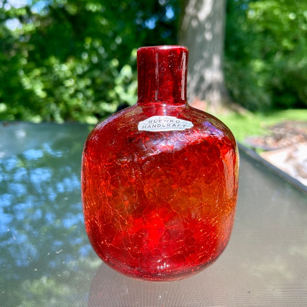 Vintage BLENKO MCM Orange Red Crackle Glass Handcrafted Bottle Bud Vase Granny Chic Cottage Core Mid Century Modern