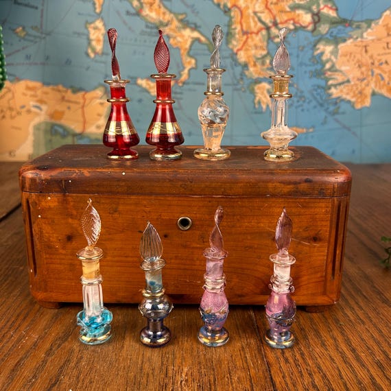 Vintage Egyptian Glass Perfume Bottle | Hand Blown Genie Bottle with Gold Filigree