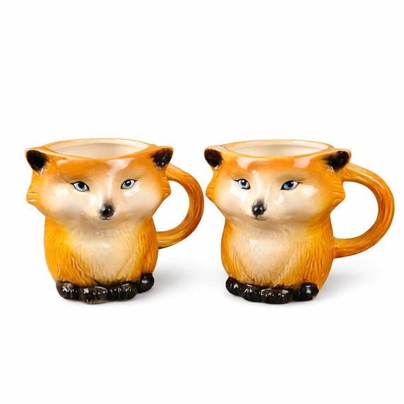 Vintage Ceramic Fox Mugs – 3D Sculpted Animal Cups with Tail Handle
