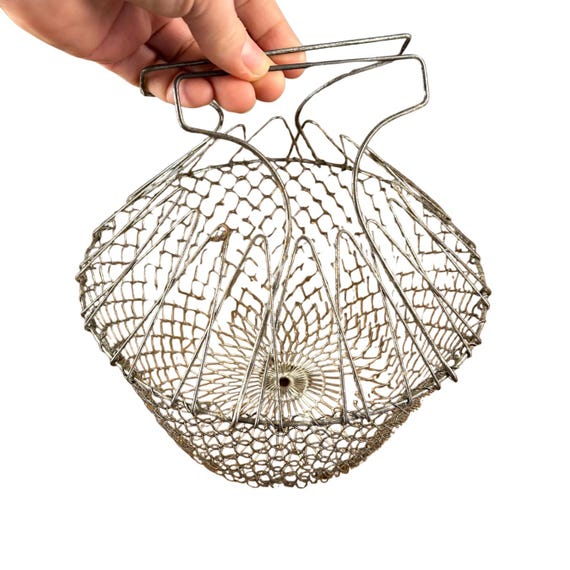 Vintage Collapsible Wire Egg Gathering Basket | Farmhouse Kitchen Decor | Folding Metal Basket