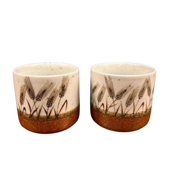 Vintage Otagiri Stoneware Tea or Sake Cups | Hand-Painted Wheat | Japan Rustic Pottery