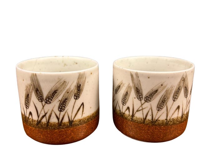 Vintage Otagiri Stoneware Tea or Sake Cups | Hand-Painted Wheat | Japan Rustic Pottery