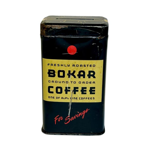 Vintage Bokar Coffee Tin Bank: A&P Black Paint, 1930s
