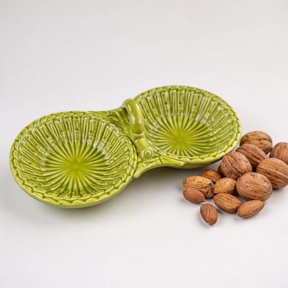 Vintage MCM Italian Green Majolica Sur La Table Bamboo Pattern Divided Serving Dish