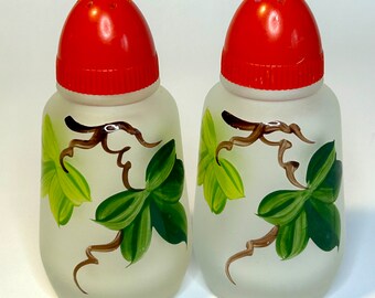 Vintage Anchor Hocking Salt & Pepper Shakers: Handpainted Ivy Floral Frosted Glass Set