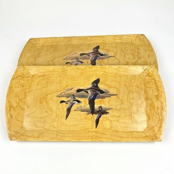 Vintage 40s Set of 6 Duck/Geese Mallard Hasko Wood Lap Trays - Haskelite Mfg.