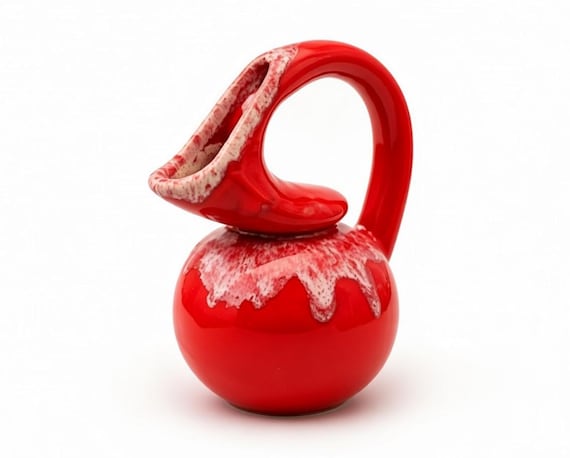 Mid-century Modern Red Art Pottery Pitcher or Ewer with Drip Glaze