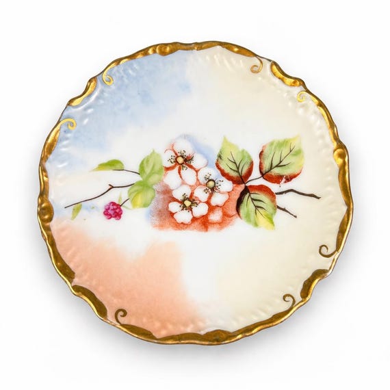 Antique Hand Painted Porcelain Plate: Blackberry Floral, Gold Trim (Early 1900s)