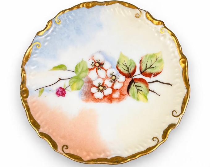 Antique Hand Painted Porcelain Plate: Blackberry Floral, Gold Trim (Early 1900s)