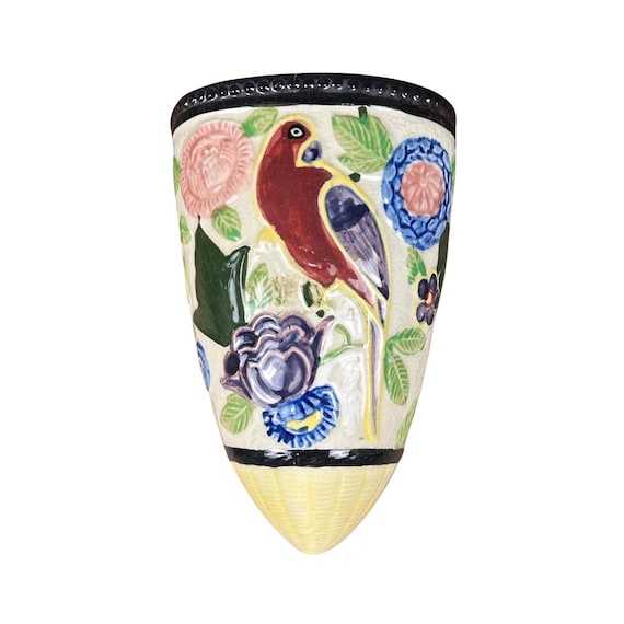 Vintage Wall Pocket Ceramic Birds and Flowers Japan