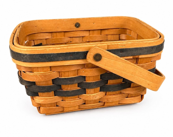 Vintage Woven Basket: Grand Basket NY, Blue Green Stripe, Country Collection Handle