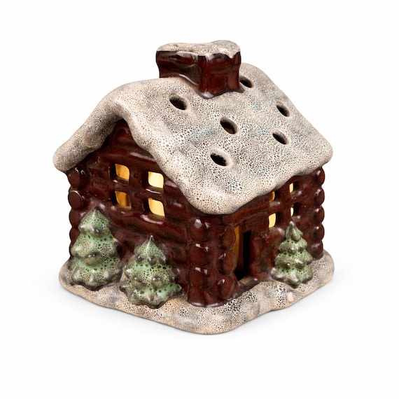 Mini Christmas Village Log Cabin Tealight Holder | Handmade Ceramic Cabin House | Holiday Candle Decor