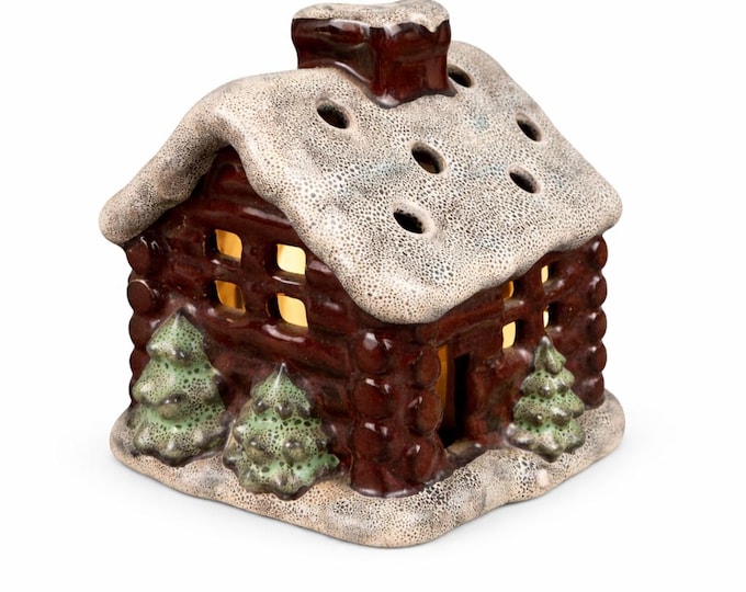 Mini Christmas Village Log Cabin Tealight Holder | Handmade Ceramic Cabin House | Holiday Candle Decor