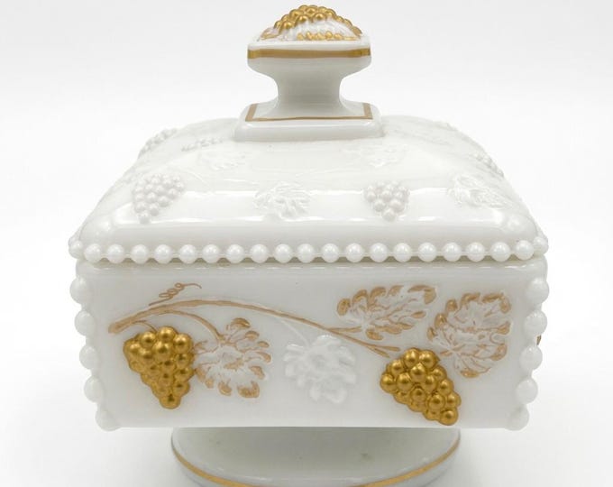 Vintage Westmoreland Milk Glass Lidded Candy Dish Gold Paneled Grape Square Compote 1950s 1960s