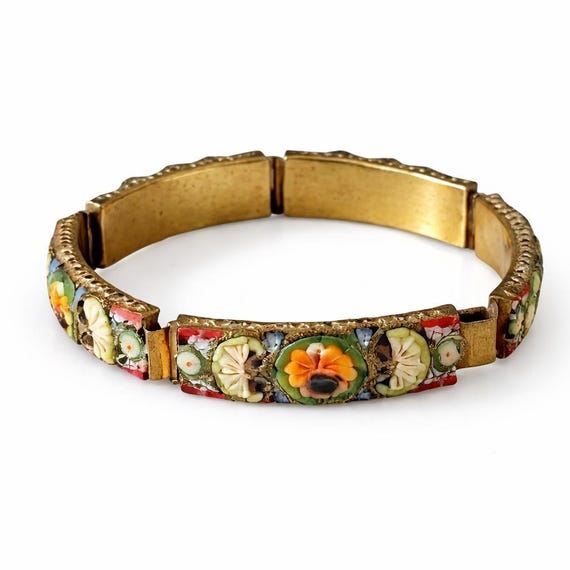 Vintage Italian Micro Mosaic Floral Bracelet | Millefiori Grand Tour Revival Jewelry