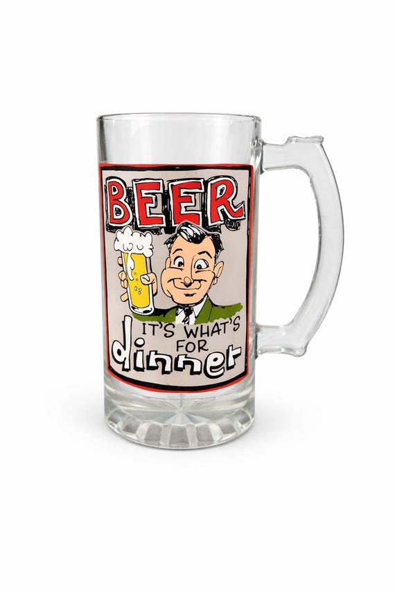Vintage Beer Mug "Beer It's What's for Dinner" Glass Stein, 25 oz Barware