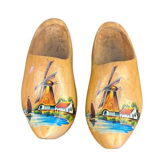Vintage Hand-Carved Dutch Wooden Clogs | Hand-Painted Windmill Scene | Holland Souvenir Decor
