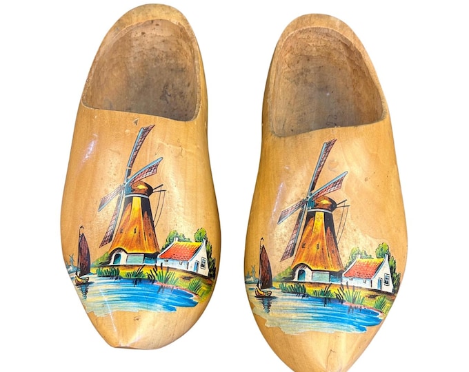 Vintage Hand-Carved Dutch Wooden Clogs | Hand-Painted Windmill Scene | Holland Souvenir Decor